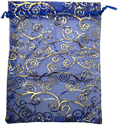 YIJUE 100pcs Drawstrings Organza Gift Candy Bags Wedding Favors Bags (6x8", Royal Blue with Gold)