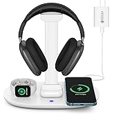 Headphone Stand with 15w Wireless Charger, Suguder 4 in 1 Charging Station Headset Holder for AirPods Max/Pro/4/3/2 iWatch 10/9/8/7/6/5/4/3/2/1/SE iPhone 17/16/15/14/13/12/11/X for Desktop Table Game