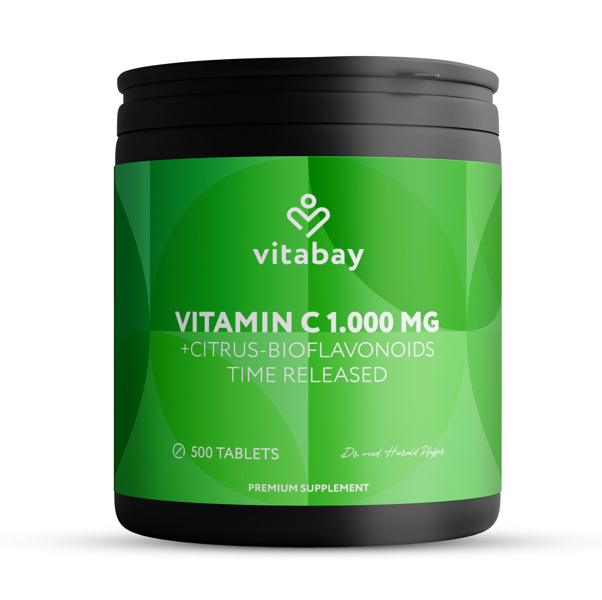 Vitabay Vitamin C 1000mg - 500 Vegan Slow Release Vitamin C Tablets - Buffered VIT with Citrus Bioflavonoids (50mg) - Natural from Plant Fermentation with Acacia Fibers - Laboratory Tested