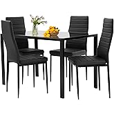 FDW | 5-Piece Dining Table Set | Black | Glass Kitchen Table with 4 Upholstered Chairs and Faux Leather Cushions | Space-Saving and Modern Design | for Dining Room, Easy to Assemble