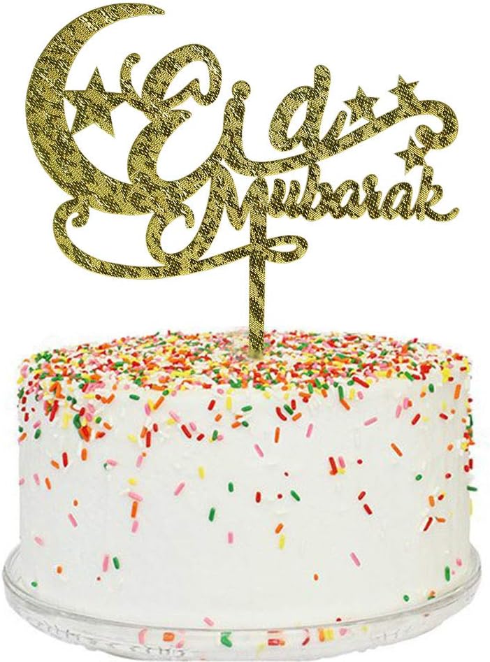 Eid Mubarak with Moon Cake Topper, Acrylic Ramadan Kareem Party Decorations, Islamic Muslim Party Decors Supplies - Gold Glitter