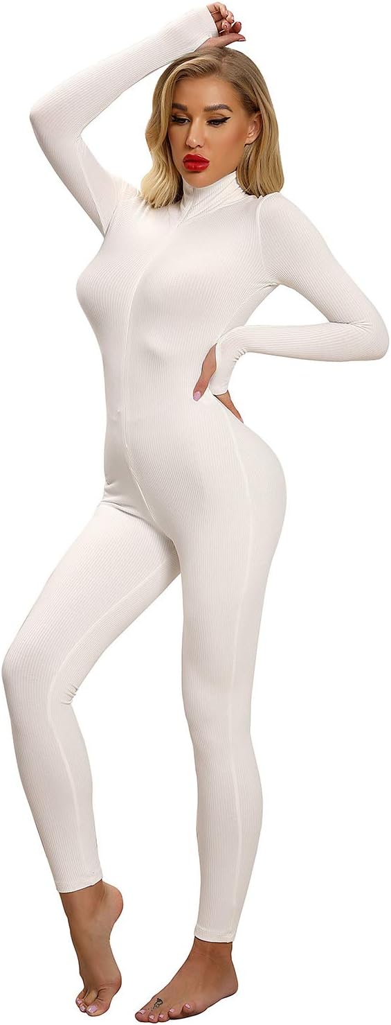 NIliker Women's Shiny Liquid Metallic Wet Look Zipper Front Catsuit