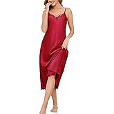 Vlazom Women's Satin Nightgowns Sexy Lingerie Long Nightgowns Satin Silk Negligee V Neck Lace Chemise Sleepwear S-XXL