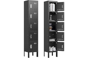 BUTISOW Metal Storage Locker with Lock & Card Slot Locker - Secure Lockable Door - Steel Locker for School, Office, Gym, Home - 66.15" H x 11.8" W x 11.8" D（5 Door, Black）