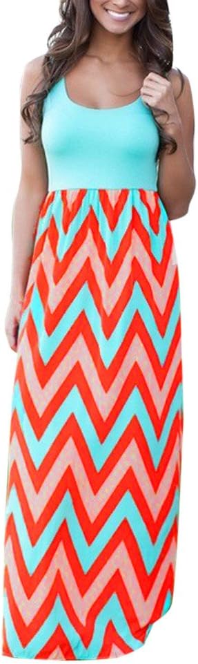 Womens Tank Top Maxi Dresses, Summer Boho Printed Empire Chevron Sleeveless Casual Beach Dresses Sumeimiya