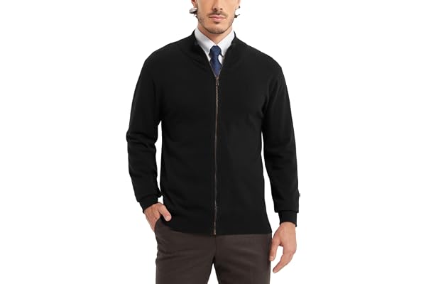 KALLSPIN Men's 100% Cotton Full Zip up Cardigan Long Sleeve Knitted Sweater | Lightweight Zip Up Knitwear with Stand Collar R
