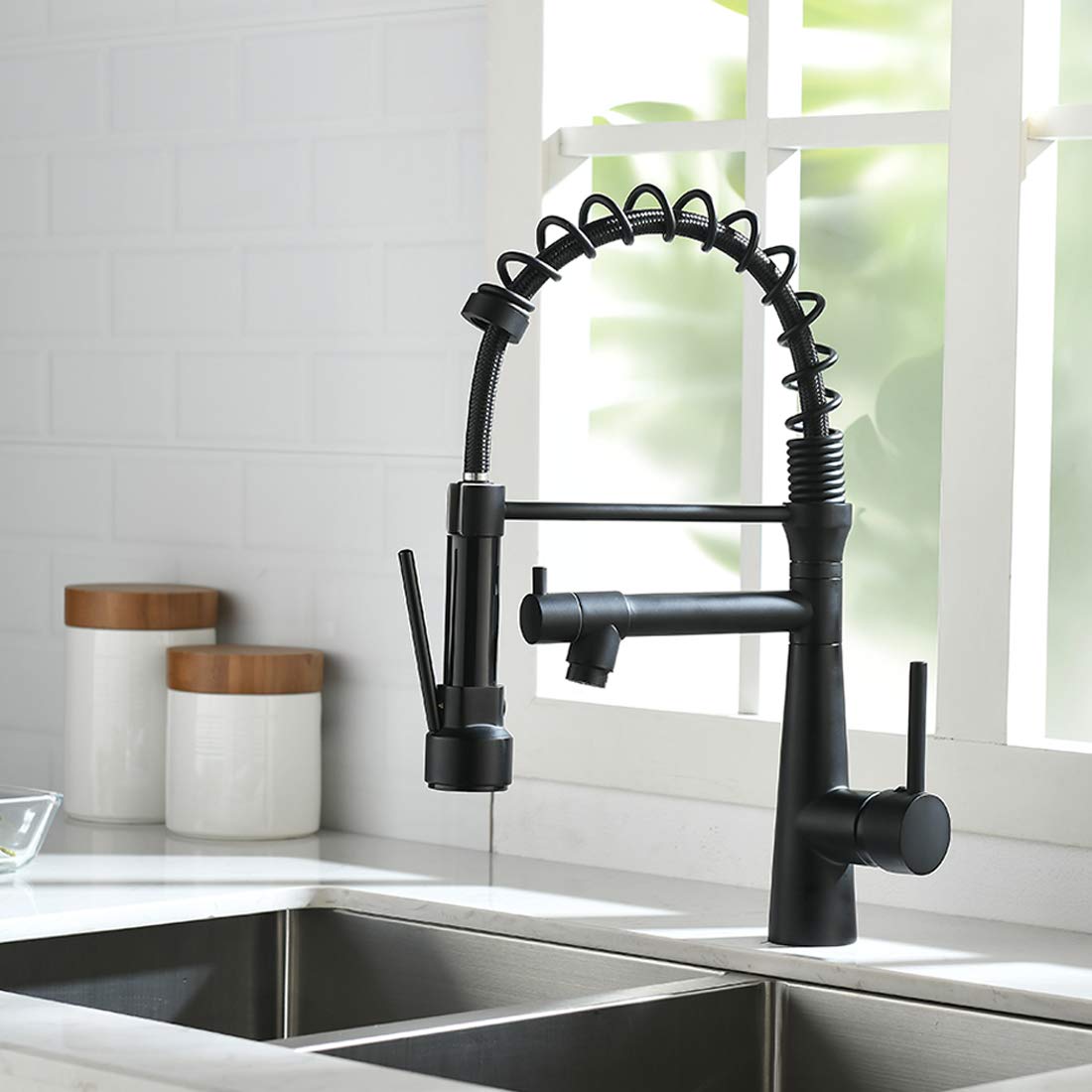 TIMACO Kitchen Tap, Black, 360° Swivelling with Spiral Spring, Extendable Gastro High Pressure Kitchen Sink Mixer Tap