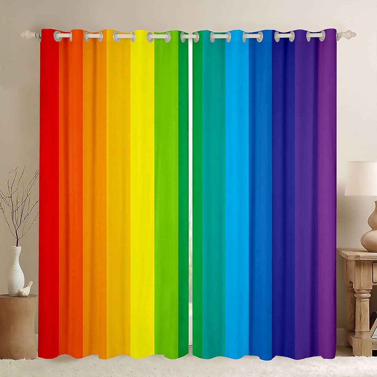 Loussiesd Rainbow Curtains Colorful Stripes Room Darkening Curtains for Bedroom Home Decor Noise Reducing Thermal Insulated Window Drapes Light Reducing Soft Grommet Curtains W66*L90