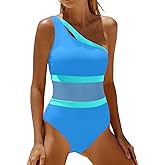 Holipick Women's Blue One Shoulder One Piece Swimsuit Cutout Bathing Suits Mesh Slimming Swimwear for Teen Girls Large