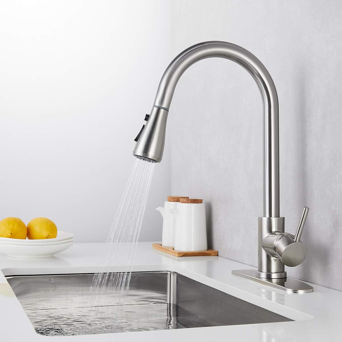 Pull Out Kitchen Sink Faucets, Single Handle Deck Mount, Kitchen Faucets with Pull Down Sprayer High Arc Brushed Nickel - - 
