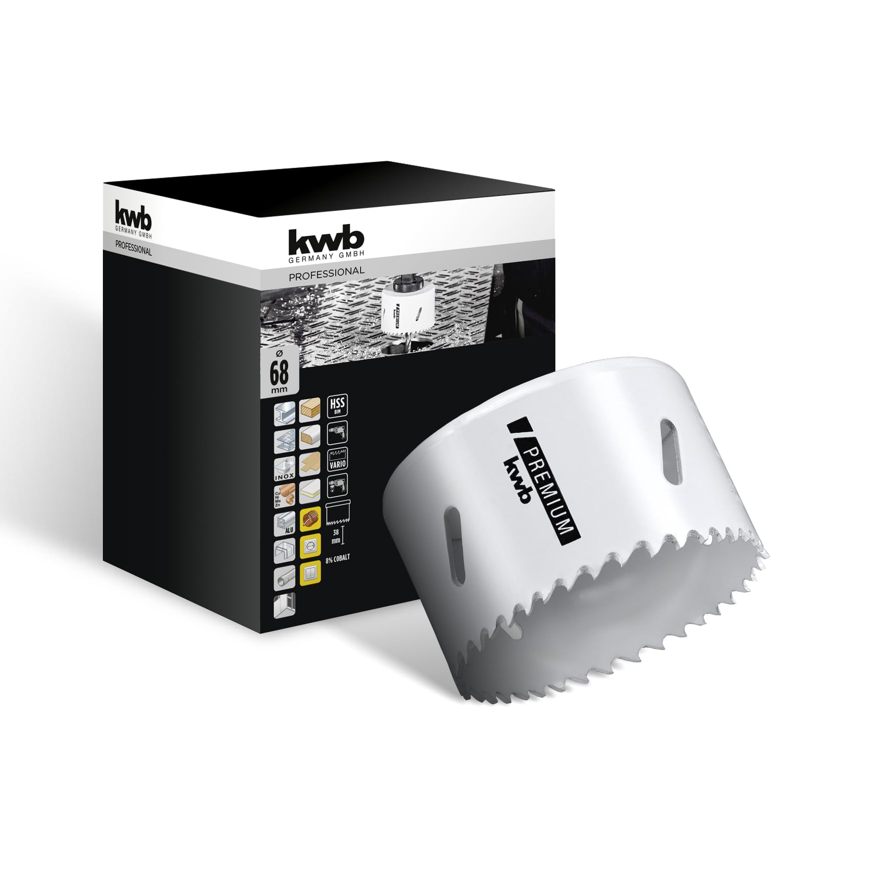 kwb Hss Bi-Metal Hole Saw Ø 68 Mm, 8% Cobalt Alloy with Progressive Vario-Toothing and High Precision for Versatile Use
