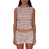 RUEWEY Women Gingham Pajama Set Plaid Sleeveless Smocked Shirred Slim Fit Tank Top Pleated Shorts 2 Piece Lounge Set