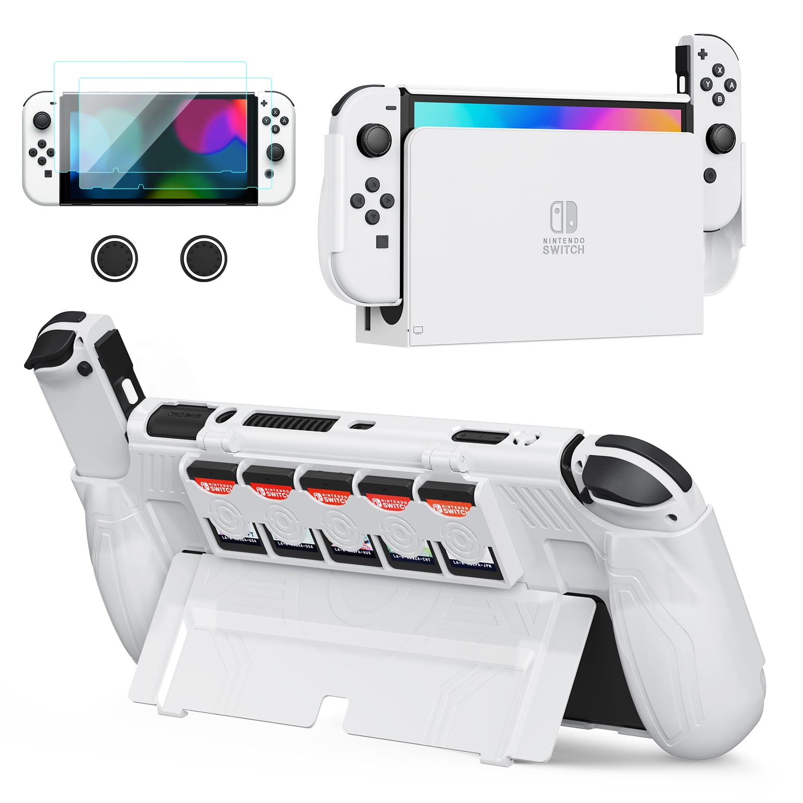 Photo 1 of JEMDO Dockable Protective Case for Nintendo Switch OLED 2021 with 5 Game Card Slots,Ergonomic Comfort Grip, Shockproof Dockable Cover Accessories,Tempered Glass, Joy-Con Thumb Grips,White-Set
