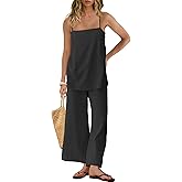 Panadila 2 Piece Linen Set Summer Travel Beach Vacation Outfit Sexy Spaghetti Strap Tank Top and Pants with Pockets