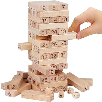 WORBAX Jenga Puzzle 51 Pcs Challenging 4pcs Dice Wooden, Maths Jenga for Adults and Kids. Make Maths Fun for Kids