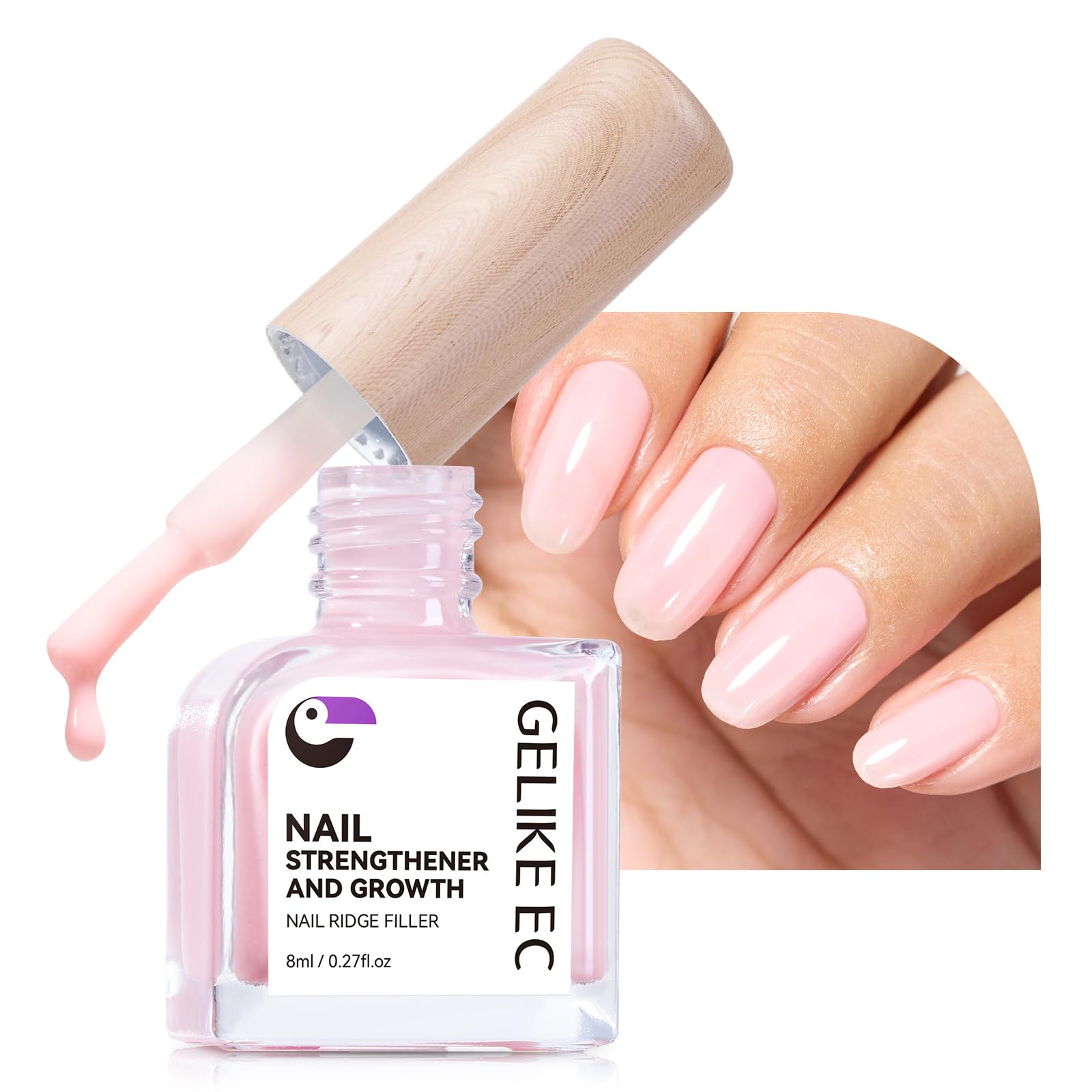 Gelike ec Nail Care Growth and Strengthener Treatment, Nail Polish Base Care for Smoothing, Extra Strong Nail Hardener Repairing Thin and Broken Nails, Pink Color 8ml