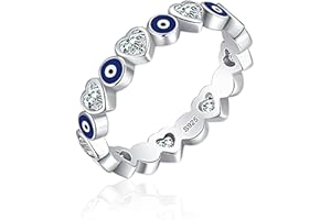 Always Protected Heart&Evil Eye Ring Band, Women 925 Sterling Silver Evil Eye Rings, Minimalist Blue Evil Eyes Ring, Lucky Je