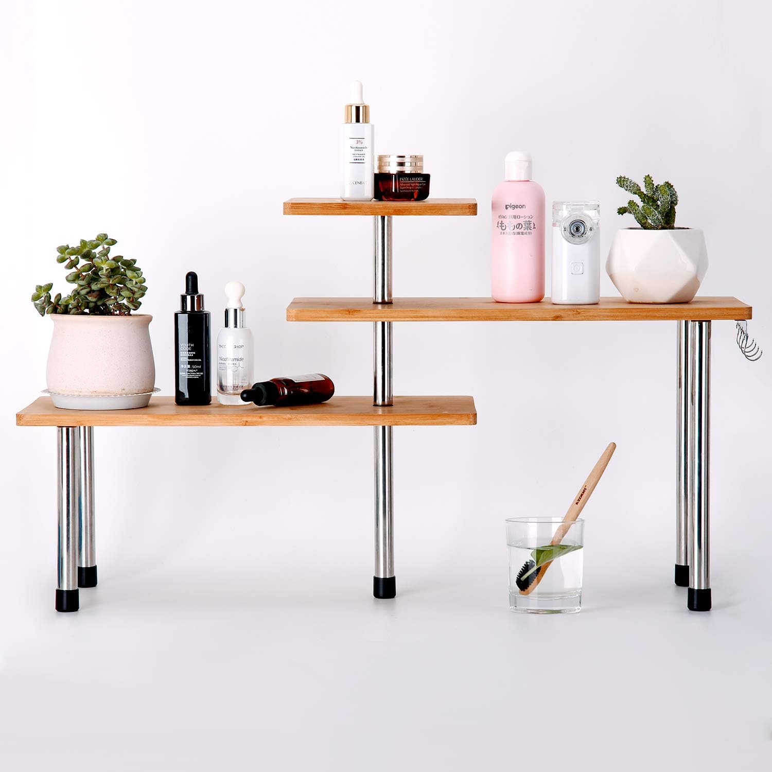 Olive Upgarde 3 Tier Desktop Organizer Office Kitchen Corner Shelf Unit Spice Rack Adjustable Bamboo Storage Rack, Bamboo Freestanding Counter top Display Shelf Plant Rack (with Hooks): Kitchen & Dining