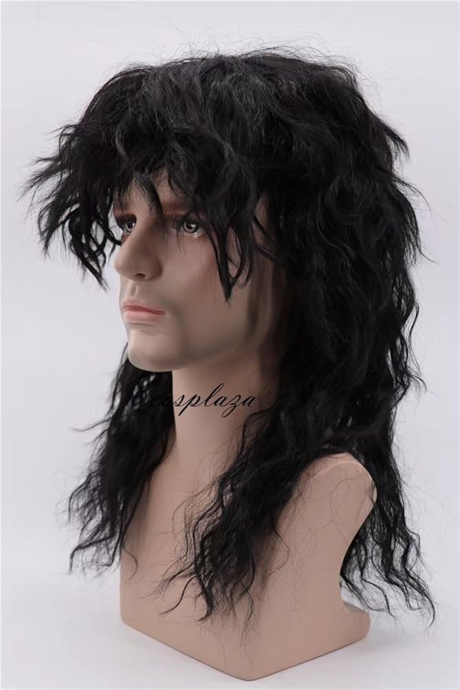 COSPLAZA 80s Heavy Metal Rocker Cosplay Wig Adult Long Straight Black Blonde Spiked Mullet Hair