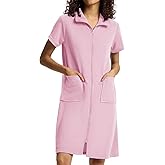 SIORO Zipper Robes for Women Short Sleeve Bathrobes Lightweight House Coat Waffle Knit Knee Length Loungewear with Pockets