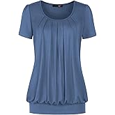 DJT Women's Short Sleeve Summer Tops Scoop Neck Pleated Front Casual Tee T Shirt