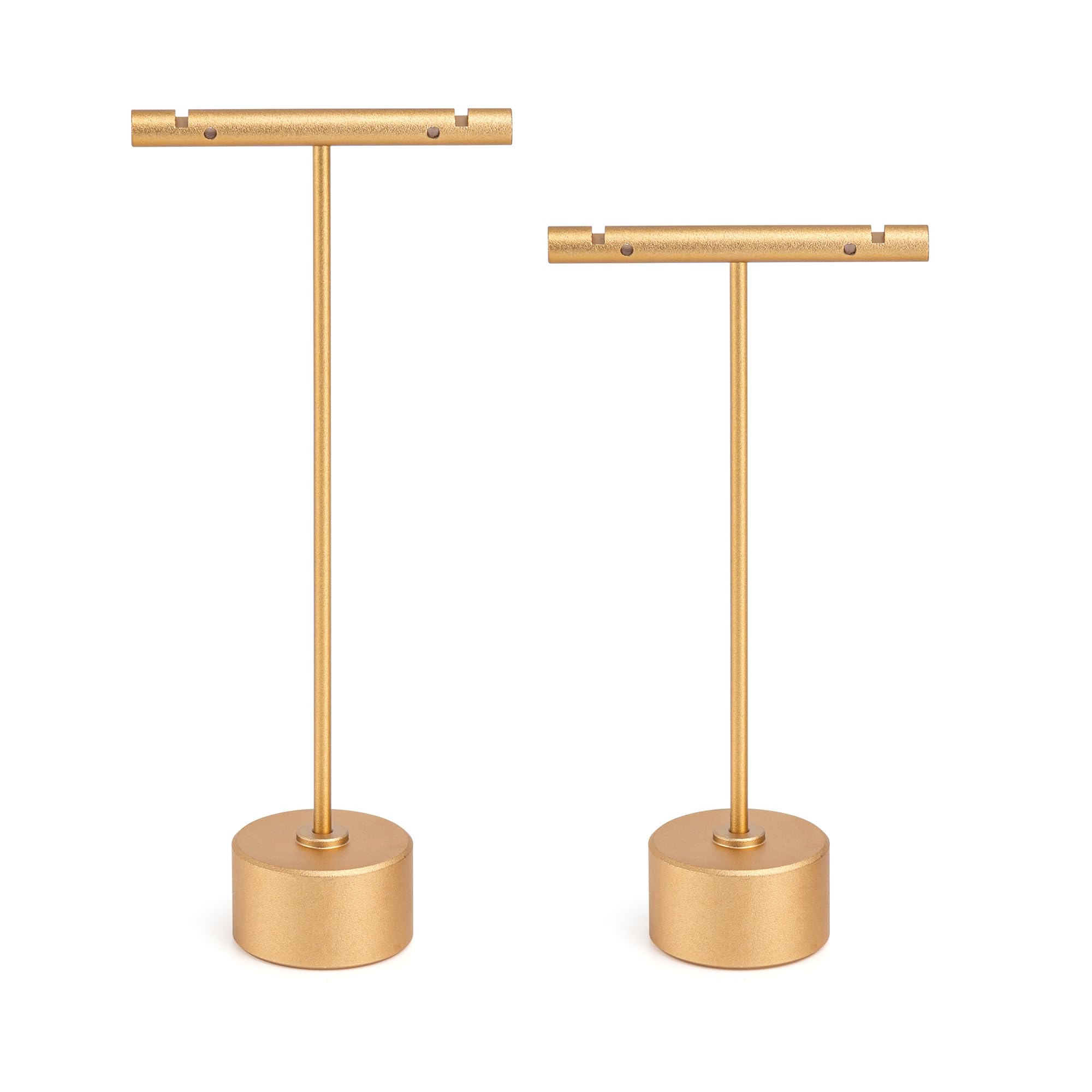 Photo 1 of Jim Display Metal Earring Stand Display Round Base Earring T Bar Display Necklace Bracelet Ring Ear Studs Jewelry Display Rack for Vendors Photography and Showcase, Gold 2pcs Height 5.31" and 4.52"