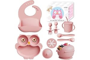 VOD VISUAL 13Pcs Silicone Baby Feeding Set - Baby Spoon, Baby Bowls, Baby Plates with Suction, Baby Bib, Toddler Cups with Replaceable Lids (Pink)
