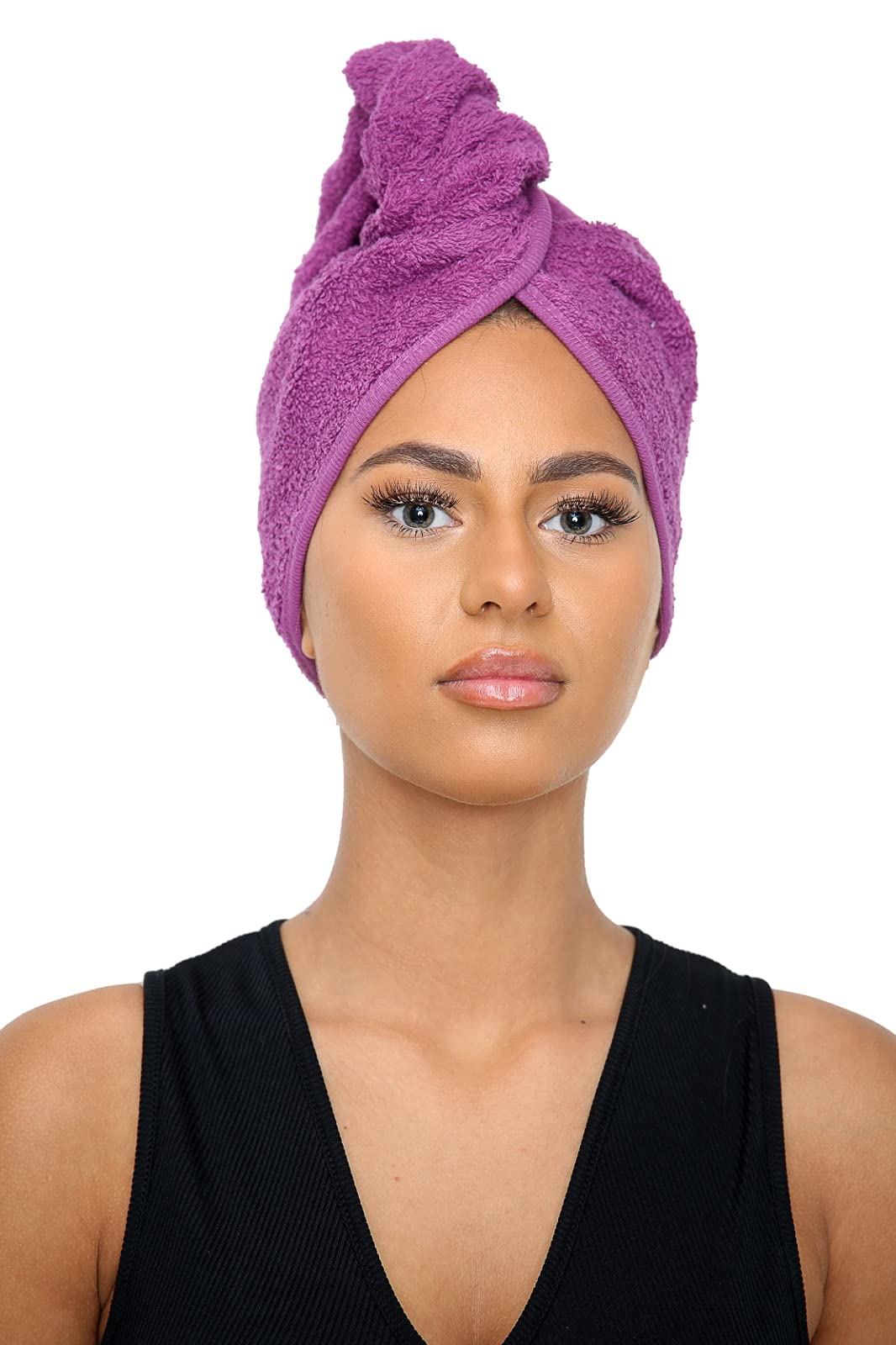Sapphire Collection Terry Cotton Hair Towel Wrap, Soft Absorbent Turban with Loop & Button for Long Hair (Purple) — image 1