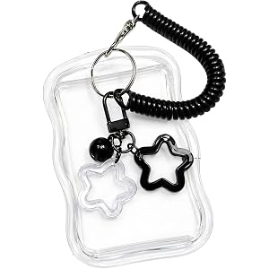 aylove Kpop Photocard Holder Keychain with Cute Star Wave Bell Dangle - Clear PC Card Sleeve Protector with Metal Key Ring Se