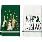 Artoid Mode Green Xmas Tree Merry Christmas Kitchen Towels Dish Towels, 18x26 Inch Farmhouse Star Snowflakes Decoration Cleaning Set of 2