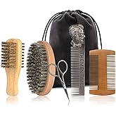 Beard Brush and Comb Set with Mustache Scissors Grooming Kit, Natural Boar Bristle, Dual Action Wood Comb, Dual Side Brush for Men's Facial Hair, Travel Bag