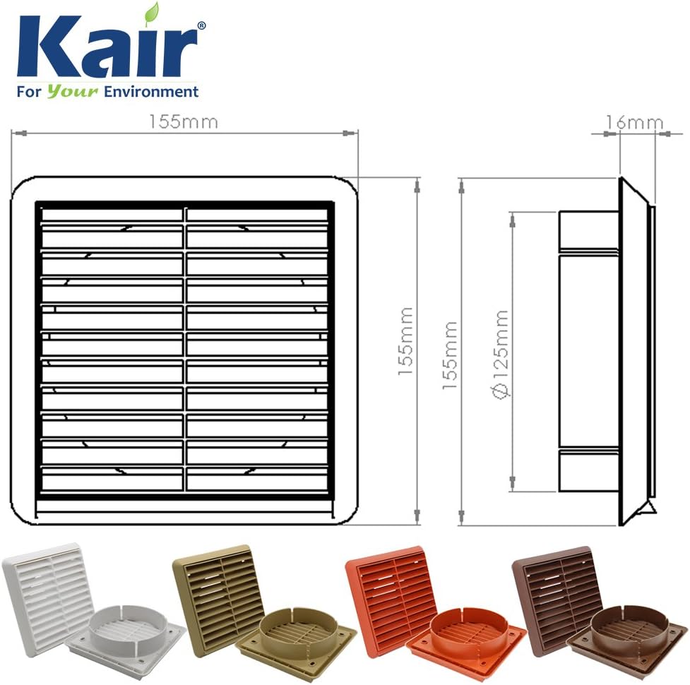 Kair Brown Louvred Grille 155mm External Dimension with Round 125mm - 5 inch Rear Spigot - Wall Ducting Air Vent - Image 3