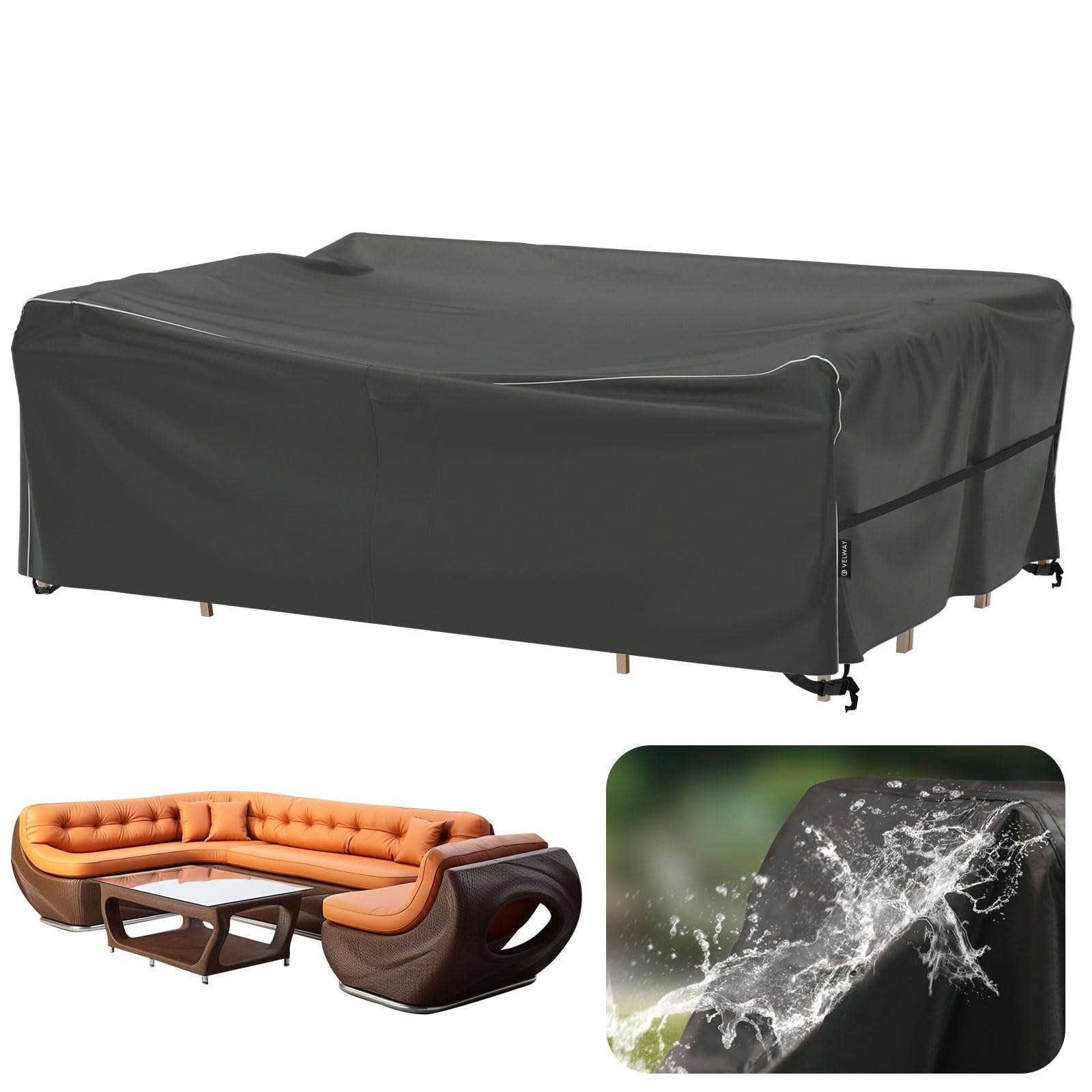 Velway Large Garden Furniture Covers - 270x180x71cm Outdoor Furniture Covers Waterproof Tear-Resistant Anti-UV with Reflective Strip Air Vent 600D Windproof Rattan Sofa Set Patio Table Cover - Black