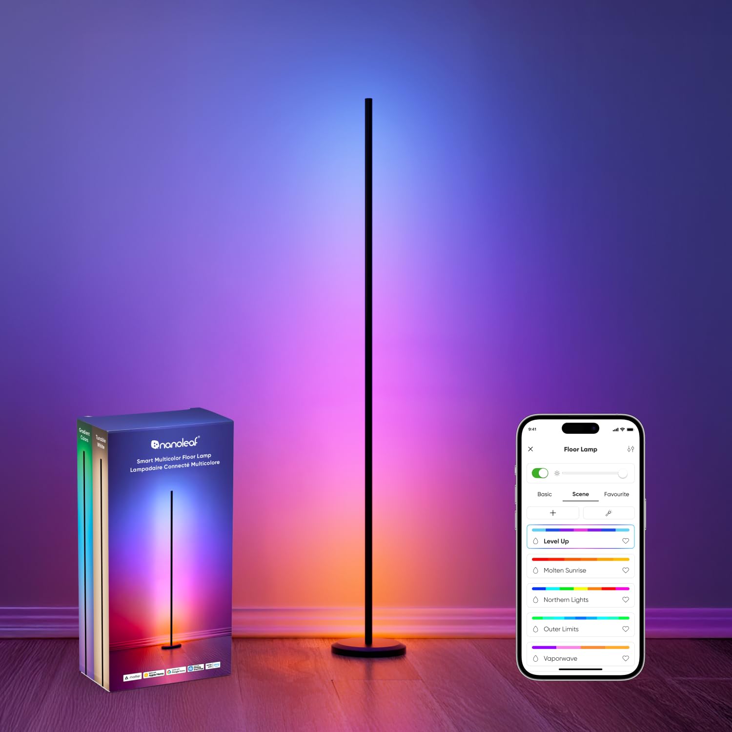 Nanoleaf Matter Smart Floor Lamp, LED Standing Lamps Work with Alexa, Music Sync Corner Lamp,16 Million Colors, 1700lm RGBTW Floor Lamp with Voice Control for Living Room, Ambient Lighting, Black