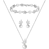 SWEETV Jewelry Set for Bride Women, Cubic Zirconia Pearl Bridal Earrings Necklace Bracelet Set, Bridal Jewelry Set for Wedding Prom