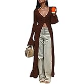 LETSVDO Womens Long Crochet Cardigan Bell Sleeve Ruffle Knit Hollow Out Lightweight Duster Sweater Beach Cover up Dress