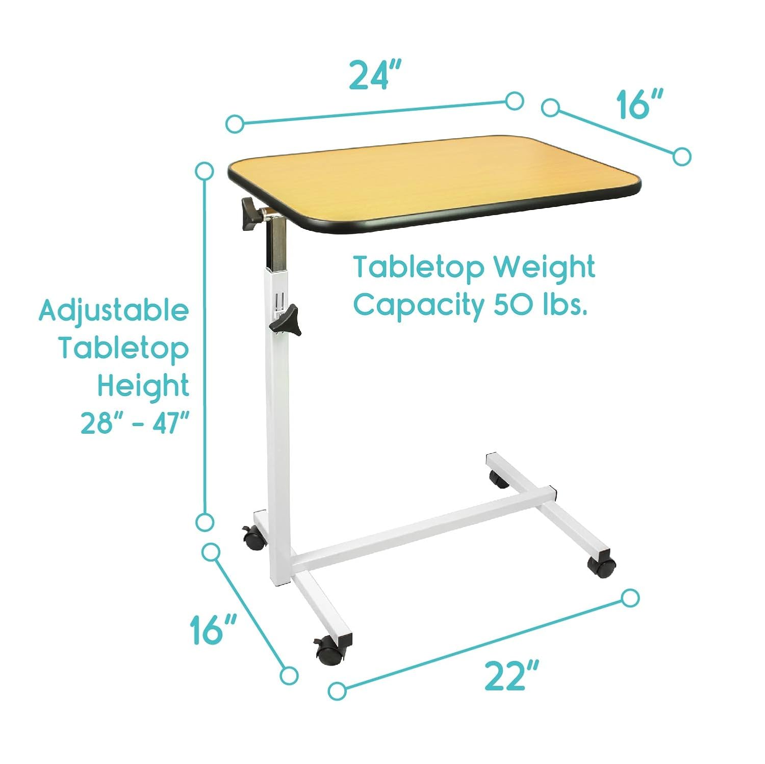 Overbed Table by Vive Swivel Tilt Top Rolling Tray Table