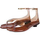USRUNOE Jelly Sandals for Women Fip Flop Kitten Heel Sandals Clear Shoes with Ankle Strap Thong Heels Summer Dress Shoes