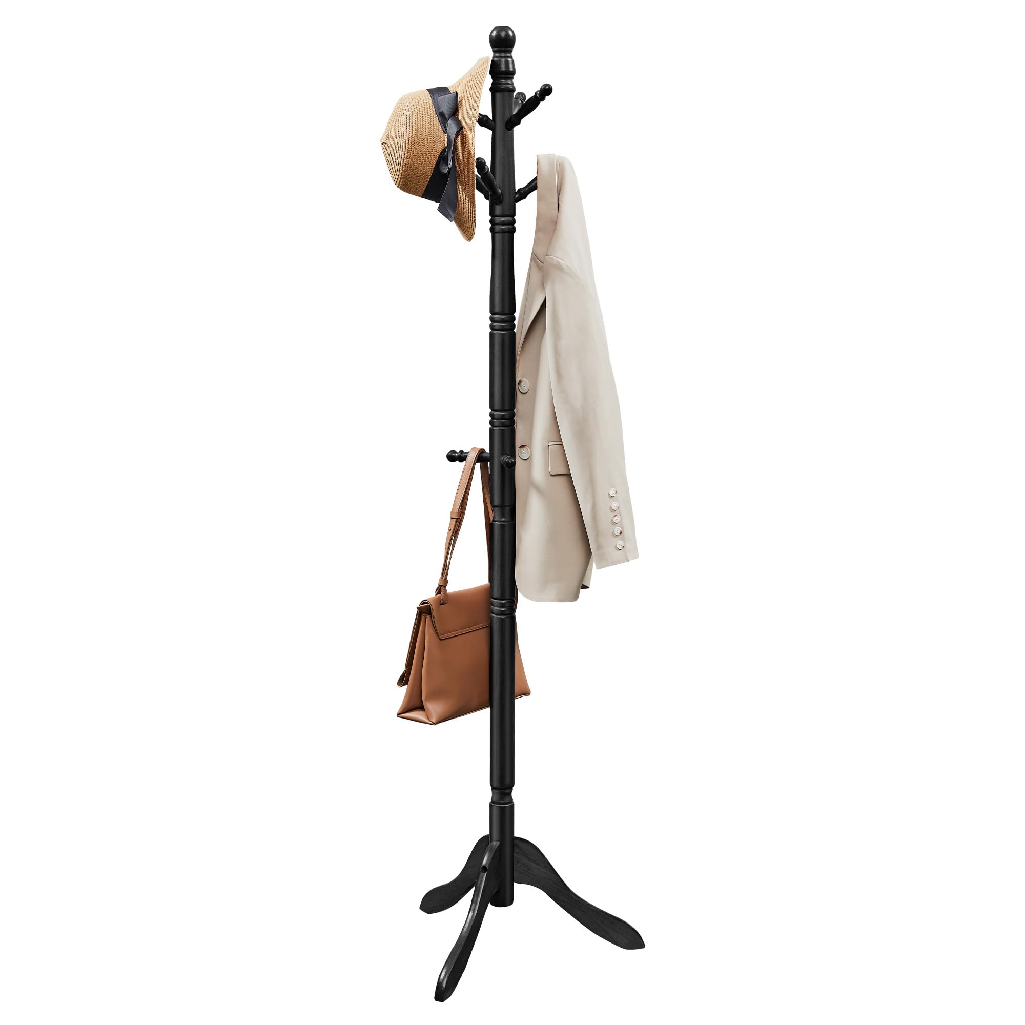 VASAGLE Solid Wood Coat Rack and Stand, Free Standing Hall Coat Tree with 10 Hooks for Hats, Bags, Purses, for Entryway, Hallway, Rubberwood, Ink Black URCR003B01 Image