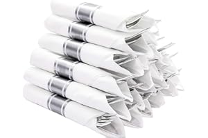 N9R 50 Pack Pre Rolled Silver Plastic Cutlery Set, 50 Forks, 50 Knives, 50 Spoons, 50 Napkins, Disposable Cutlery Set for Party and Wedding