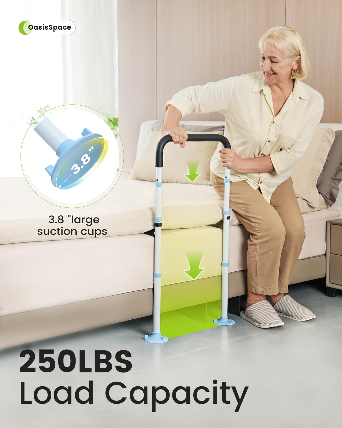 OasisSpace Bed Rail for Seniors, Medical Adjustable Bed Assist Rail Handle and Fall Prevention Safety Hand Guard Grab Bar for Elderly, Handicap - Fit King, Queen, Full, Twin