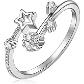 Zikichiky Y2K Silver Cubic Zirconia Star Flower Open Ring Cute Dainty Statement Adjustable Ring for Women