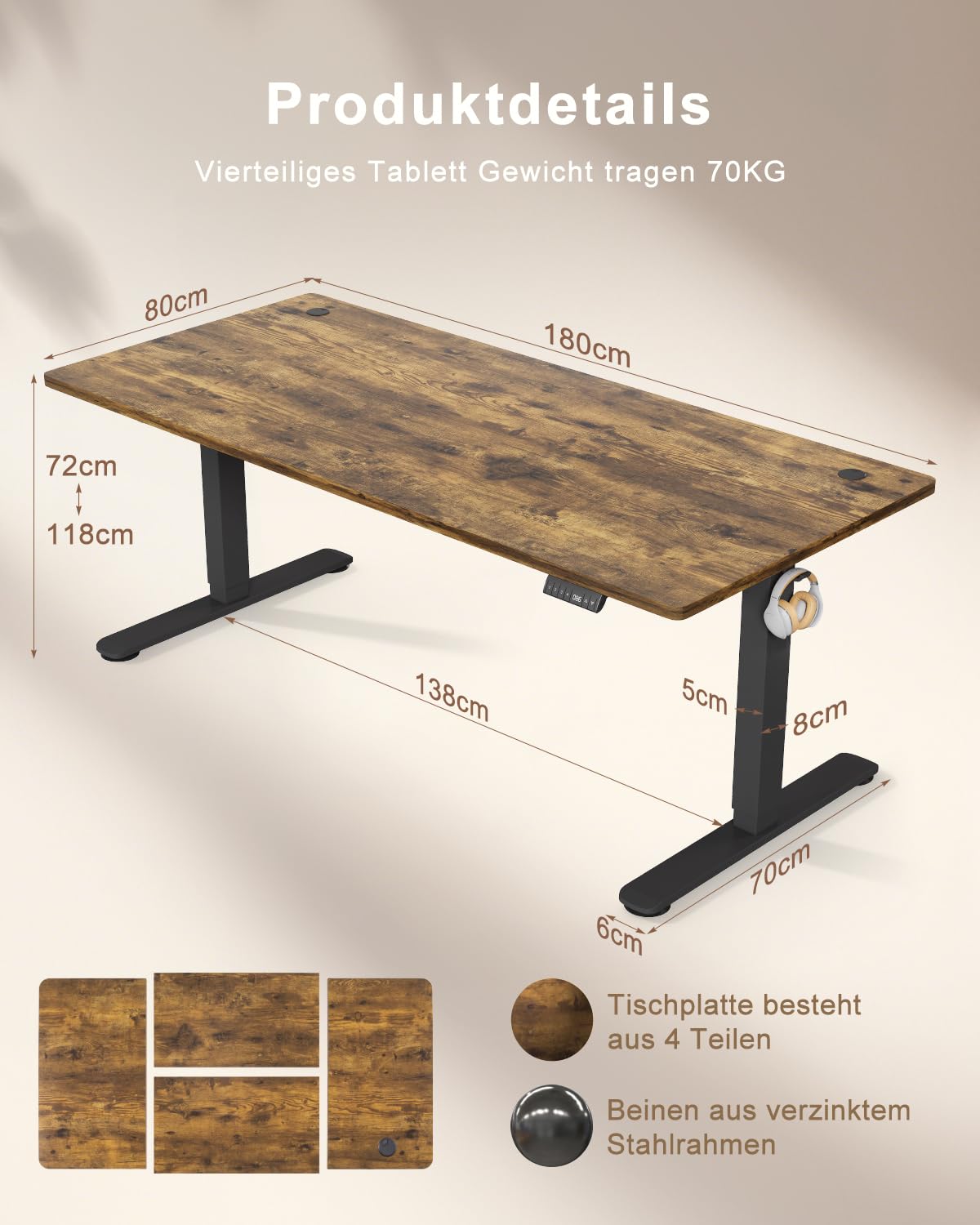 TRIUMPHKEY Höhenverstellbar Schreibtisch 180x80cm mit USB Ladeanschluss, 3 Memory-Steuerung groß Höhenverstellbarer Schreibtisch Anti-Kollision Computertisch Höhenverstellbarer Tisch 7