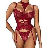 Kaei&Shi Garter Lingerie Set for Women, Sexy Floral Lace, Strappy High Waisted Hide Belly, 4 Piece with Exotic Choker Belt