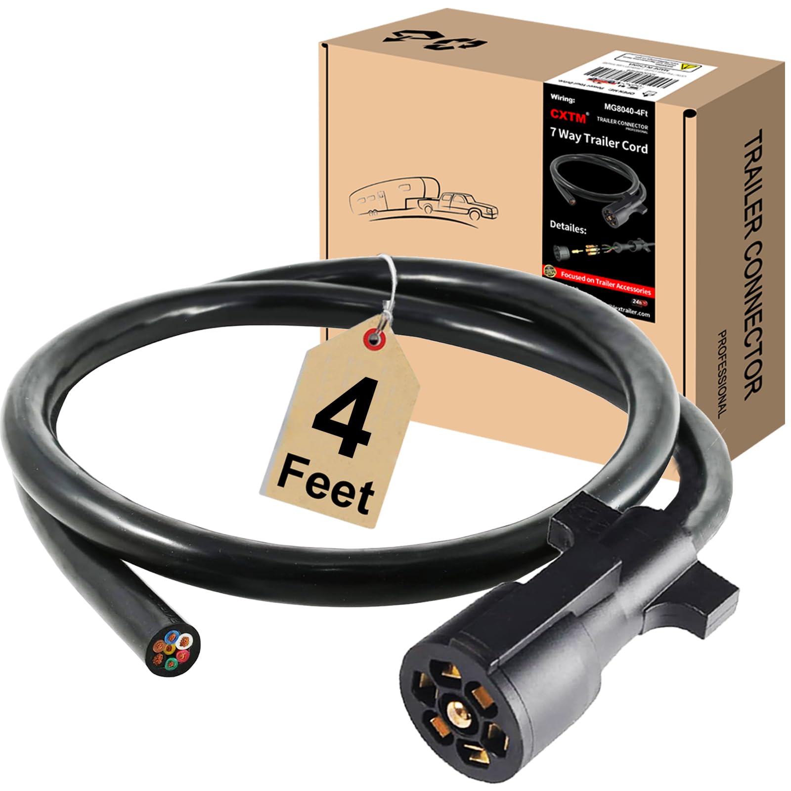 Photo 1 of CXTM 7 Way Trailer Cord,4FT Heavy Duty 7 Way Trailer Plug Inline Cord Wire Harness Cable Double Prongs Connector 7 pin Trailer Wiring Harness 4 Feet for Camper Blade Molded RV Cable Wire(4ft)