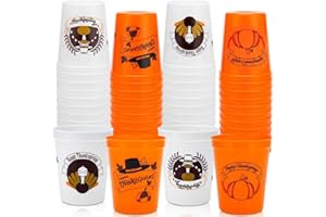 Ainibar 24 Pack Thanksgiving Cups - 16oz Orange & White Plastic Fall Party Cups with Autumn Pumpkin and Turkey Designs, Perfect for Friendsgiving and Holiday Celebrations
