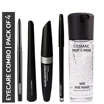 Professional Cos Mac Combo Waterproof Eyeliner,Mascara,Eyebrow Pencil With Eyeconic Kajal In Black With Face Prep+Prime Primer (Set Of 5)
