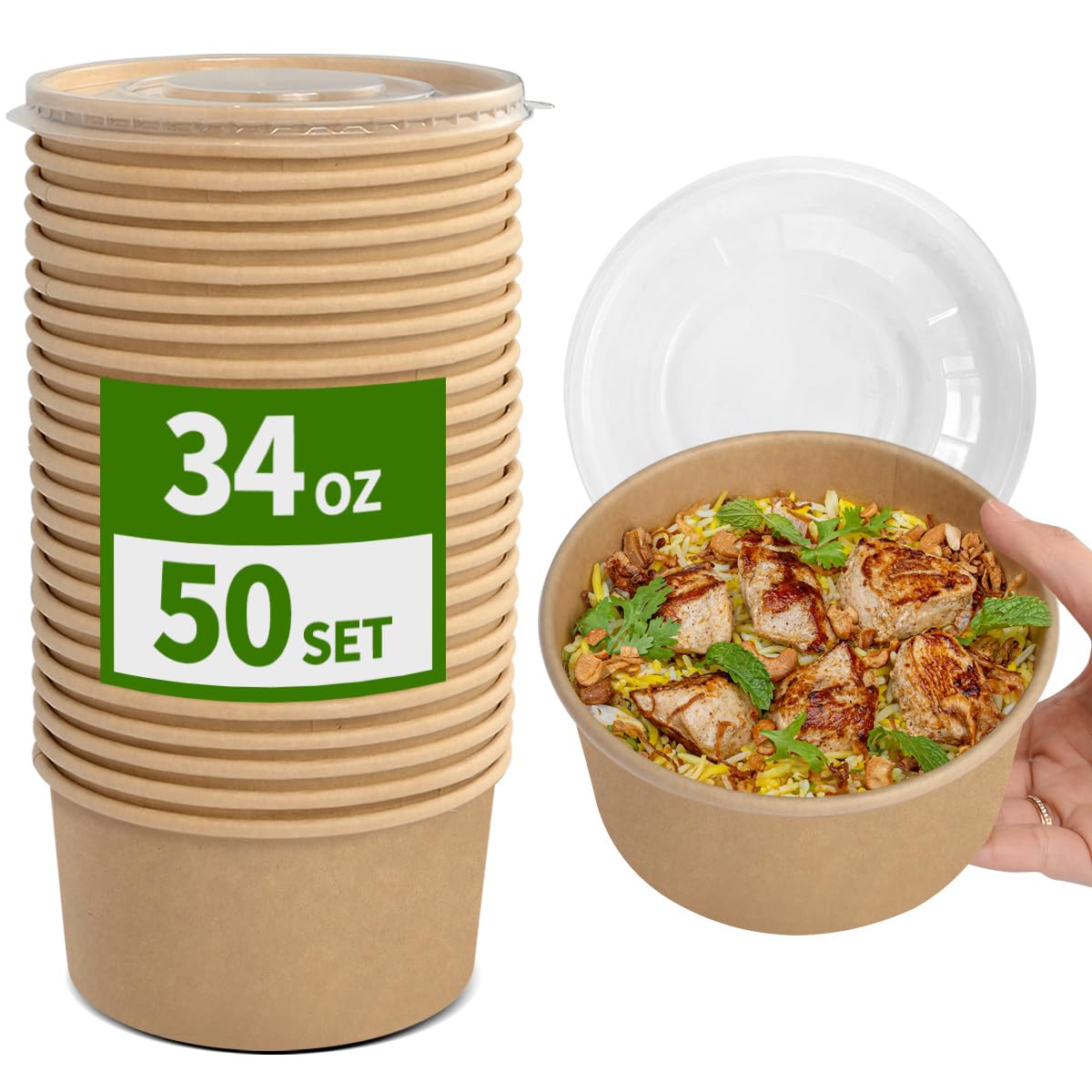 Photo 1 of AICHEF 50 Pack 34 oz Paper Bowls with Lids, Disposable Salad Bowls To Go Salad Containers Meal Prep Containers Disposable Soup Bowls with Lids