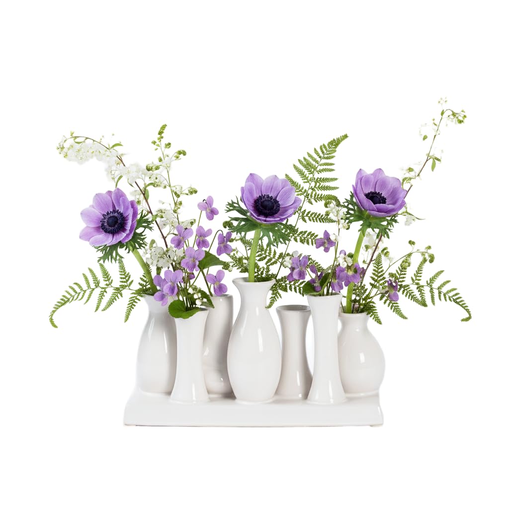 Jinfa Handmade Small Ceramic Decorative Flower Vases Set of 7 Vases in White