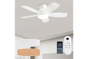 JSAITEE Ceiling Fans with Lights, 42 Inch Low Profile Ceiling Fan with Light and Remote/App Control, Flush Mount, Reversible, 3CCT, Dimmable, Noiseless, White Ceiling Fan for Indoor/Outdoor Use